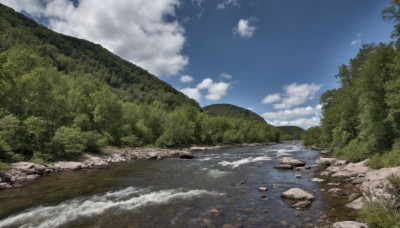 outdoors,sky,day,cloud,water,tree,blue sky,no humans,ocean,beach,cloudy sky,grass,nature,scenery,forest,rock,mountain,river,landscape,shore