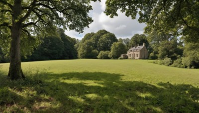 outdoors,sky,day,cloud,tree,blue sky,no humans,sunlight,cloudy sky,grass,building,nature,scenery,forest,house,landscape,bush,wall,field,dappled sunlight,path