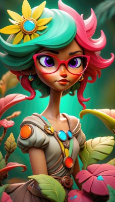 1girl,solo,breasts,looking at viewer,blush,short hair,bangs,hair ornament,dress,jewelry,closed mouth,purple eyes,collarbone,upper body,pink hair,flower,short sleeves,red hair,multicolored hair,earrings,small breasts,green hair,glasses,puffy sleeves,belt,artist name,hair flower,dark skin,blurry,two-tone hair,dark-skinned female,puffy short sleeves,lips,makeup,blurry background,swept bangs,leaf,watermark,plant,lipstick,gem,web address,pendant,freckles,red-framed eyewear,nose,streaked hair,colored skin