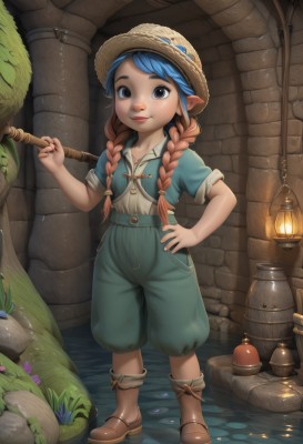 1girl,solo,long hair,looking at viewer,smile,blue eyes,brown hair,shirt,hat,holding,twintails,closed mouth,blue hair,standing,full body,braid,flower,short sleeves,multicolored hair,boots,shorts,pointy ears,water,twin braids,lips,hand on hip,brown footwear,child,freckles,lantern,straw hat,lamp,overalls,barrel,watermark,stick