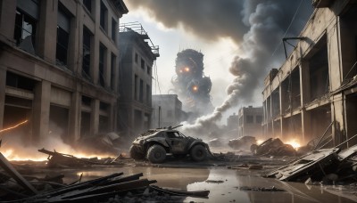 HQ,weapon,outdoors,sky,cloud,military,no humans,glowing,cloudy sky,fire,robot,ground vehicle,building,scenery,glowing eyes,motor vehicle,smoke,science fiction,monster,city,military vehicle,car,explosion,ruins,tank,vehicle focus,damaged,debris,destruction,rubble