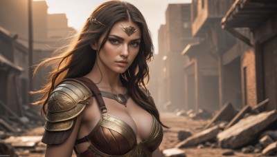 1girl,solo,long hair,breasts,looking at viewer,large breasts,brown hair,black hair,cleavage,brown eyes,jewelry,medium breasts,upper body,outdoors,parted lips,artist name,signature,armor,blurry,lips,blurry background,shoulder armor,pauldrons,circlet,realistic,nose,ruins,bikini armor,shoulder pads,closed mouth,collarbone,necklace,depth of field,sunlight,building,backlighting