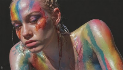 1girl,solo,long hair,blonde hair,simple background,jewelry,closed mouth,collarbone,closed eyes,upper body,nude,earrings,parted lips,shiny,signature,lips,shiny skin,makeup,black background,portrait,eyeshadow,realistic,nose,facepaint,bodypaint,paint splatter,paint,brown hair,multicolored hair,artist name,eyelashes,half-closed eyes,colorful,mascara