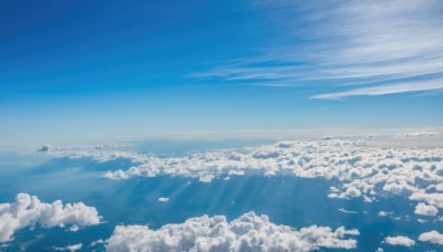 monochrome,outdoors,sky,day,cloud,blue sky,no humans,ocean,cloudy sky,scenery,flying,blue theme,aircraft,horizon,landscape,above clouds,water,sunlight