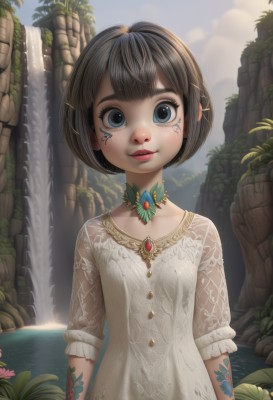 1girl,solo,looking at viewer,smile,short hair,bangs,blue eyes,brown hair,black hair,hair ornament,dress,jewelry,collarbone,upper body,flower,outdoors,parted lips,sky,choker,day,hairclip,cloud,water,necklace,white dress,black eyes,blue sky,lips,head tilt,see-through,tattoo,makeup,bob cut,thick eyebrows,plant,gem,freckles,nose,arms at sides,red lips,waterfall,eyelashes,watermark