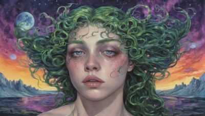 tatsumaki,1girl,solo,looking at viewer,short hair,blue eyes,parted lips,green hair,sky,teeth,cloud,water,lips,eyelashes,floating hair,moon,portrait,star (sky),starry sky,freckles,curly hair,sunset,mountain,realistic,nose,long hair,green eyes,cloudy sky,planet