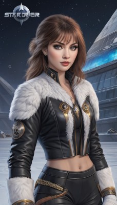 1girl,solo,long hair,breasts,looking at viewer,brown hair,gloves,navel,brown eyes,jewelry,medium breasts,jacket,earrings,outdoors,parted lips,sky,midriff,pants,white gloves,lips,black jacket,crop top,fur trim,makeup,night,black pants,lipstick,night sky,snow,half updo,freckles,cropped jacket,realistic,nose,logo,red lips,stud earrings,bangs,weapon,cowboy shot,artist name,holding weapon,star (sky),starry sky,leather