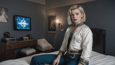 1girl,solo,looking at viewer,short hair,blue eyes,blonde hair,shirt,long sleeves,brown eyes,jewelry,sitting,jacket,multicolored hair,parted lips,open clothes,pants,indoors,open jacket,lips,pillow,bed,makeup,on bed,white jacket,denim,lipstick,jeans,realistic,camera,blue pants,lamp,photo (object),grey eyes,phone,cellphone,smartphone,bedroom