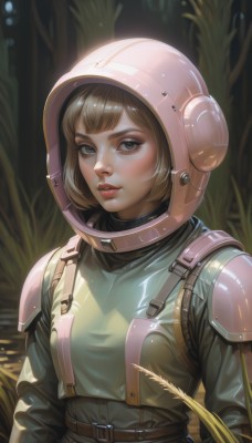 1girl,solo,breasts,looking at viewer,short hair,bangs,blonde hair,brown hair,brown eyes,upper body,outdoors,parted lips,teeth,belt,artist name,armor,lips,grey eyes,bodysuit,bob cut,helmet,grass,plant,breastplate,realistic,spacesuit,blush,blue eyes,medium breasts,eyelashes,science fiction,pilot suit