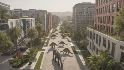 outdoors,sky,day,cloud,tree,no humans,window,shadow,plant,building,scenery,monster,city,palm tree,car,road,cityscape,street,skyscraper,crosswalk,animal,ground vehicle,motor vehicle