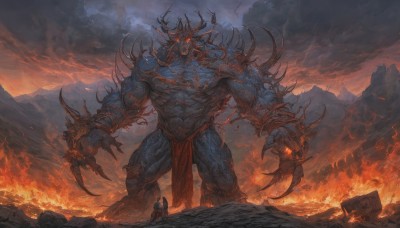 red eyes,1boy,holding,standing,weapon,male focus,outdoors,horns,sky,teeth,sword,cloud,from behind,holding weapon,armor,muscular,glowing,helmet,cloudy sky,fire,scenery,glowing eyes,claws,pelvic curtain,1other,spikes,monster,mountain,fantasy,size difference,giant,loincloth,extra arms,demon,ambiguous gender,embers,molten rock,black hair