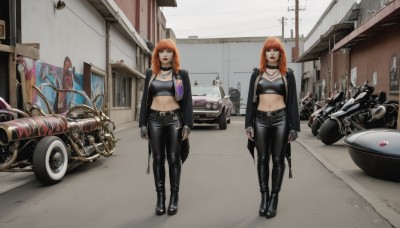 long hair,breasts,looking at viewer,bangs,multiple girls,large breasts,gloves,navel,2girls,cleavage,brown eyes,jewelry,medium breasts,standing,jacket,full body,boots,outdoors,open clothes,choker,day,black gloves,midriff,pants,fingerless gloves,medium hair,necklace,black footwear,orange hair,open jacket,coat,black jacket,crop top,tattoo,siblings,black pants,ground vehicle,building,motor vehicle,twins,jacket on shoulders,car,road,leather,motorcycle,street,leather jacket,leather pants,1girl,belt,multiple views,black choker,variations