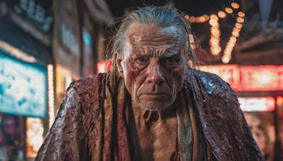 solo,looking at viewer,1boy,closed mouth,upper body,white hair,grey hair,male focus,outdoors,blurry,night,depth of field,blurry background,facial hair,realistic,manly,old,old man,old woman,neon lights,wrinkled skin,japanese clothes,armor,black eyes,grey eyes,frown,scar,portrait,beard,scar on face,serious