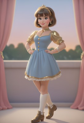 1girl,solo,breasts,looking at viewer,blush,smile,short hair,bangs,brown hair,dress,cleavage,brown eyes,jewelry,closed mouth,standing,full body,short sleeves,earrings,small breasts,frills,shoes,choker,socks,puffy sleeves,artist name,indoors,blunt bangs,necklace,blurry,bracelet,puffy short sleeves,lips,kneehighs,window,blurry background,blue dress,shadow,watermark,brown footwear,short dress,bob cut,tiara,curtains,white socks,gem,web address,backlighting,hands on hips,nose,hairband