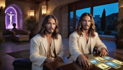 long hair,looking at viewer,brown hair,brown eyes,sitting,male focus,multiple boys,indoors,dark skin,2boys,window,night,facial hair,watermark,chair,table,plant,beard,robe,card,potted plant,white robe,black hair,sky,realistic,stubble,lamp,animification