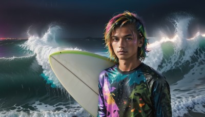 1girl,solo,looking at viewer,short hair,brown hair,shirt,1boy,holding,upper body,male focus,multicolored hair,outdoors,sky,water,lips,wet,night,ocean,watermark,beach,rain,realistic,nose,wet hair,waves,surfboard,wetsuit,blonde hair,cloud,night sky