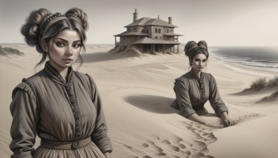 1girl,looking at viewer,multiple girls,black hair,long sleeves,dress,2girls,jewelry,closed mouth,upper body,hairband,earrings,outdoors,day,hair bun,lips,double bun,multiple views,beach,single hair bun,building,realistic,sand,desert,fine art parody,brown hair,brown eyes,monochrome,water,mole,ocean,parody,sepia,brown theme