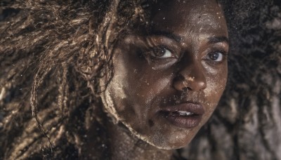 1girl,solo,long hair,looking at viewer,brown hair,black hair,brown eyes,parted lips,teeth,dark skin,blurry,dark-skinned female,lips,portrait,close-up,realistic,nose,1boy,male focus,freckles