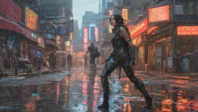 1girl,looking at viewer,short hair,black hair,gloves,standing,weapon,boots,outdoors,multiple boys,solo focus,pants,gun,tattoo,night,umbrella,ground vehicle,building,motor vehicle,reflection,science fiction,rain,6+boys,city,realistic,car,road,cyborg,street,puddle,cyberpunk,neon lights,people,multiple girls,shirt,bare shoulders,jewelry,jacket,full body,sleeveless,black gloves,medium hair,black footwear,lips,wet,sleeveless shirt,black pants,denim,scenery,sign,cityscape,arm tattoo,multiple others,crowd,city lights