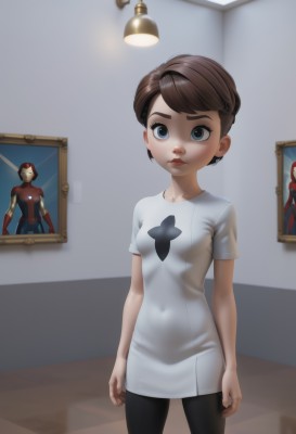 1girl,solo,breasts,looking at viewer,short hair,blue eyes,brown hair,shirt,closed mouth,standing,white shirt,short sleeves,pantyhose,cowboy shot,small breasts,indoors,lips,covered navel,t-shirt,child,arms at sides,superhero,painting (object),bangs,1boy,male focus,black pantyhose,genderswap,nose,male child