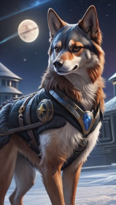 solo,looking at viewer,brown eyes,jewelry,outdoors,sky,no humans,night,animal,moon,brooch,building,gem,star (sky),night sky,snow,full moon,starry sky,dog,house,animal focus,shooting star,artist name,signature,realistic,wolf