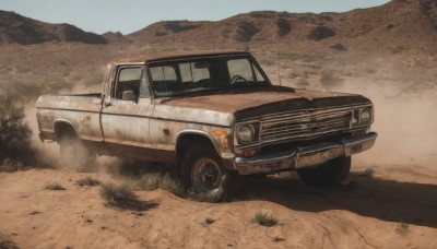 outdoors,sky,day,no humans,shadow,grass,ground vehicle,scenery,motor vehicle,mountain,sand,car,road,vehicle focus,desert,dust,wheel,truck,blue sky,smoke,dust cloud