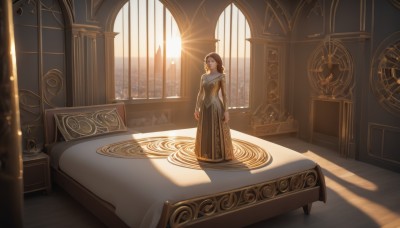 1girl,solo,long hair,breasts,looking at viewer,bangs,brown hair,long sleeves,dress,brown eyes,jewelry,closed mouth,standing,indoors,window,shadow,table,sunlight,building,scenery,sunset,light rays,city,long dress,arms at sides,sun,clock,light,wide shot,carpet,gold trim