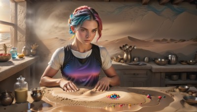 1girl,solo,breasts,looking at viewer,short hair,shirt,black hair,hair ornament,brown eyes,jewelry,medium breasts,closed mouth,blue hair,white shirt,upper body,pink hair,braid,short sleeves,multicolored hair,indoors,apron,two-tone hair,lips,window,table,sunlight,ring,plant,t-shirt,gem,steam,realistic,nose,jar,map,food,artist name,fruit,bowl,basket