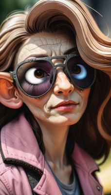 1girl,solo,long hair,looking at viewer,brown hair,shirt,brown eyes,closed mouth,jacket,parted lips,blurry,lips,makeup,depth of field,blurry background,goggles,portrait,close-up,veins,realistic,nose,pink jacket,upper body,glasses,pointy ears,artist name,vest,eyelashes,tattoo,watermark,wavy hair,sunglasses,web address,zipper