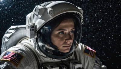 solo,blue eyes,black hair,1boy,closed mouth,upper body,male focus,signature,facial hair,helmet,star (sky),realistic,space,american flag,spacesuit,japanese flag,astronaut,1girl,portrait,starry sky,reflection,science fiction,serious,planet,earth (planet),space helmet,united states,american flag print