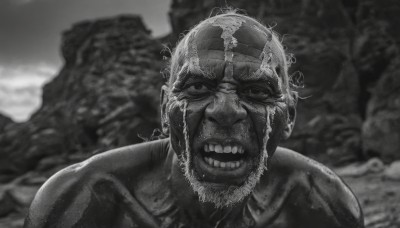 solo,looking at viewer,open mouth,1boy,collarbone,monochrome,greyscale,male focus,outdoors,teeth,blurry,blurry background,facial hair,clenched teeth,portrait,beard,realistic,mustache,manly,scar,parody,rock,bald