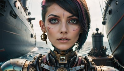 1girl,solo,looking at viewer,short hair,bangs,black hair,jewelry,green eyes,multicolored hair,earrings,parted lips,teeth,water,armor,blurry,lips,grey eyes,eyelashes,makeup,depth of field,blurry background,ocean,facial mark,portrait,close-up,eyeshadow,freckles,science fiction,realistic,nose,watercraft,cyborg,ship,dirty,cyberpunk