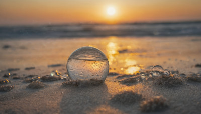 outdoors, sky, blurry, no humans, depth of field, ocean, scenery, sunset, sun