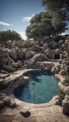 outdoors,sky,day,cloud,water,tree,blue sky,no humans,grass,plant,nature,scenery,forest,reflection,rock,river,stone,pond,cloudy sky,bush,bridge