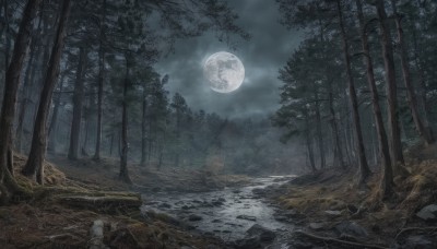 outdoors,sky,cloud,water,tree,no humans,night,moon,cloudy sky,grass,nature,night sky,scenery,full moon,forest,rock,river,landscape,fog,moonlight,dark,path