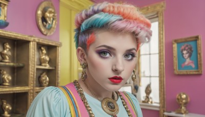 1girl,solo,looking at viewer,short hair,shirt,jewelry,green eyes,blue hair,upper body,pink hair,red hair,multicolored hair,earrings,parted lips,indoors,necklace,blurry,two-tone hair,lips,grey eyes,eyelashes,gradient hair,makeup,depth of field,blurry background,blue shirt,lipstick,portrait,eyeshadow,freckles,realistic,nose,red lips,eyeliner,picture frame,mascara,portrait (object),closed mouth,artist name,window,gem,gold,pearl necklace,painting (object)