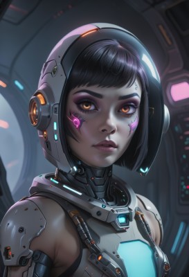 1girl,solo,breasts,looking at viewer,short hair,bangs,black hair,bare shoulders,brown eyes,closed mouth,upper body,small breasts,armor,lips,orange eyes,eyelashes,tattoo,makeup,headgear,facial mark,bob cut,helmet,lipstick,portrait,eyeshadow,science fiction,nose,eyeliner,cyborg,neon trim,mascara,cyberpunk,parted lips,swept bangs,glowing,close-up,realistic,facepaint,dirty,purple lips,dirty face