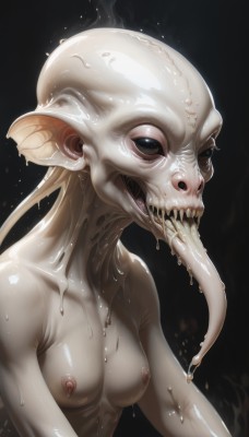 1girl,solo,breasts,open mouth,simple background,medium breasts,nipples,upper body,nude,small breasts,teeth,tongue,shiny,black eyes,wet,shiny skin,saliva,colored skin,sharp teeth,monster girl,monster,long tongue,alien,horror (theme),looking at viewer,collarbone,tongue out,black background,colored sclera,skull,bald,grey skin,no pupils,ribs,extra eyes