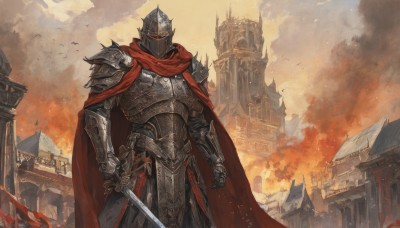 solo,1boy,holding,standing,weapon,male focus,outdoors,sky,sword,cloud,cape,holding weapon,armor,bird,holding sword,helmet,fire,knife,shoulder armor,gauntlets,building,facing viewer,1other,smoke,dual wielding,pauldrons,breastplate,red cape,vambraces,holding knife,dagger,castle,knight,full armor,ambiguous gender,holding dagger,embers,burning,plate armor,red eyes,cowboy shot,signature,animal,cloudy sky,clenched hand,arm at side,fantasy,arms at sides,faulds,torn cape,helm,chainmail