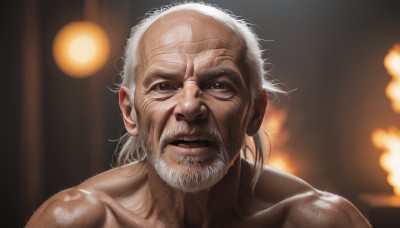 solo,looking at viewer,1boy,collarbone,upper body,white hair,male focus,teeth,blurry,lips,grey eyes,blurry background,facial hair,fire,portrait,beard,realistic,mustache,manly,old,old man,wrinkled skin,grey hair,black eyes,bald