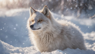 solo, closed mouth, outdoors, signature, no humans, animal, snow, snowing, realistic, animal focus, winter, wolf