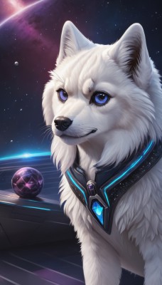 solo,looking at viewer,blue eyes,sky,signature,no humans,animal,gem,star (sky),starry sky,dog,realistic,space,animal focus,white fur,planet,wolf,upper body,teeth,artist name,earth (planet),galaxy