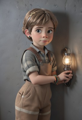 1girl,solo,looking at viewer,short hair,brown hair,shirt,holding,brown eyes,jewelry,standing,short sleeves,cowboy shot,hairband,earrings,parted lips,collared shirt,black eyes,bracelet,lips,plaid,child,grey shirt,freckles,lantern,realistic,female child,overalls,wall,plaid shirt,flashlight,overall shorts,blue eyes,braid,striped,shadow,striped shirt,nose