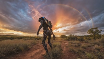 solo,1boy,standing,male focus,outdoors,sky,cloud,from behind,armor,tree,no humans,helmet,cloudy sky,grass,robot,scenery,mecha,lens flare,science fiction,sunset,realistic,sun,open hands,power armor,glowing,1other,walking,field,rainbow