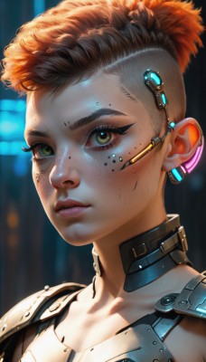 1girl,solo,looking at viewer,short hair,brown hair,jewelry,closed mouth,green eyes,collarbone,upper body,earrings,orange hair,blurry,lips,eyelashes,makeup,blurry background,portrait,close-up,freckles,science fiction,realistic,nose,eyeliner,very short hair,undercut,cyborg,mascara,cyberpunk,yellow eyes,parted lips,artist name,armor,glowing,backlighting,android,dirty,dirty face,earpiece