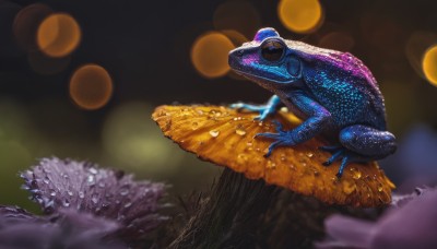 solo,full body,outdoors,artist name,signature,blurry,from side,no humans,depth of field,blurry background,animal,realistic,animal focus,bokeh,turtle,standing,pokemon (creature),colored skin,claws,lens flare,colored sclera,rock,blue skin