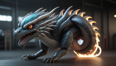 HQ,solo,open mouth,red eyes,tail,teeth,blurry,orange eyes,pokemon (creature),no humans,blurry background,fangs,sharp teeth,slit pupils,claws,colored sclera,monster,dragon,black sclera,scales,dinosaur,kaijuu,ground vehicle,motor vehicle