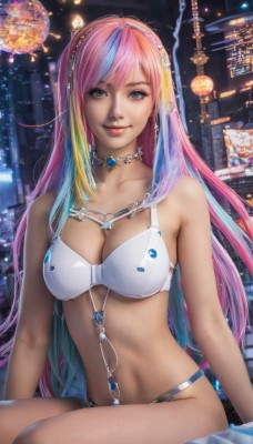 1girl,solo,long hair,breasts,looking at viewer,smile,bangs,blue eyes,blonde hair,large breasts,navel,cleavage,jewelry,medium breasts,sitting,closed mouth,underwear,blue hair,collarbone,swimsuit,pink hair,bikini,multicolored hair,hairband,earrings,choker,necklace,bra,two-tone hair,lips,streaked hair,makeup,night,white bikini,gem,white bra,city,realistic,nose,artist name,headphones,watermark,building,web address,cityscape