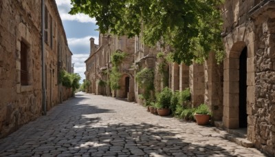 outdoors,sky,day,cloud,tree,blue sky,no humans,window,shadow,sunlight,cloudy sky,plant,building,scenery,stairs,door,potted plant,road,bush,wall,ruins,brick wall,street,path,pavement,pillar,flower pot,arch,stone floor,stone wall