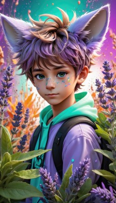 solo,looking at viewer,short hair,bangs,brown hair,1boy,animal ears,closed mouth,green eyes,upper body,purple hair,flower,male focus,multicolored hair,outdoors,artist name,hood,bag,blurry,lips,animal ear fluff,fox ears,hoodie,depth of field,leaf,watermark,facial mark,expressionless,backpack,hood down,plant,extra ears,nose,purple flower,drawstring,male child,field,paint splatter,petals,child,web address,facepaint